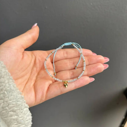 Silver and blue beaded adjustable crystal gemstone bracelet with heart charm