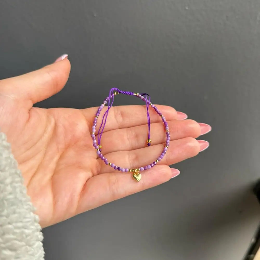 Purple beaded crystal gemstone bracelet with gold heart charm