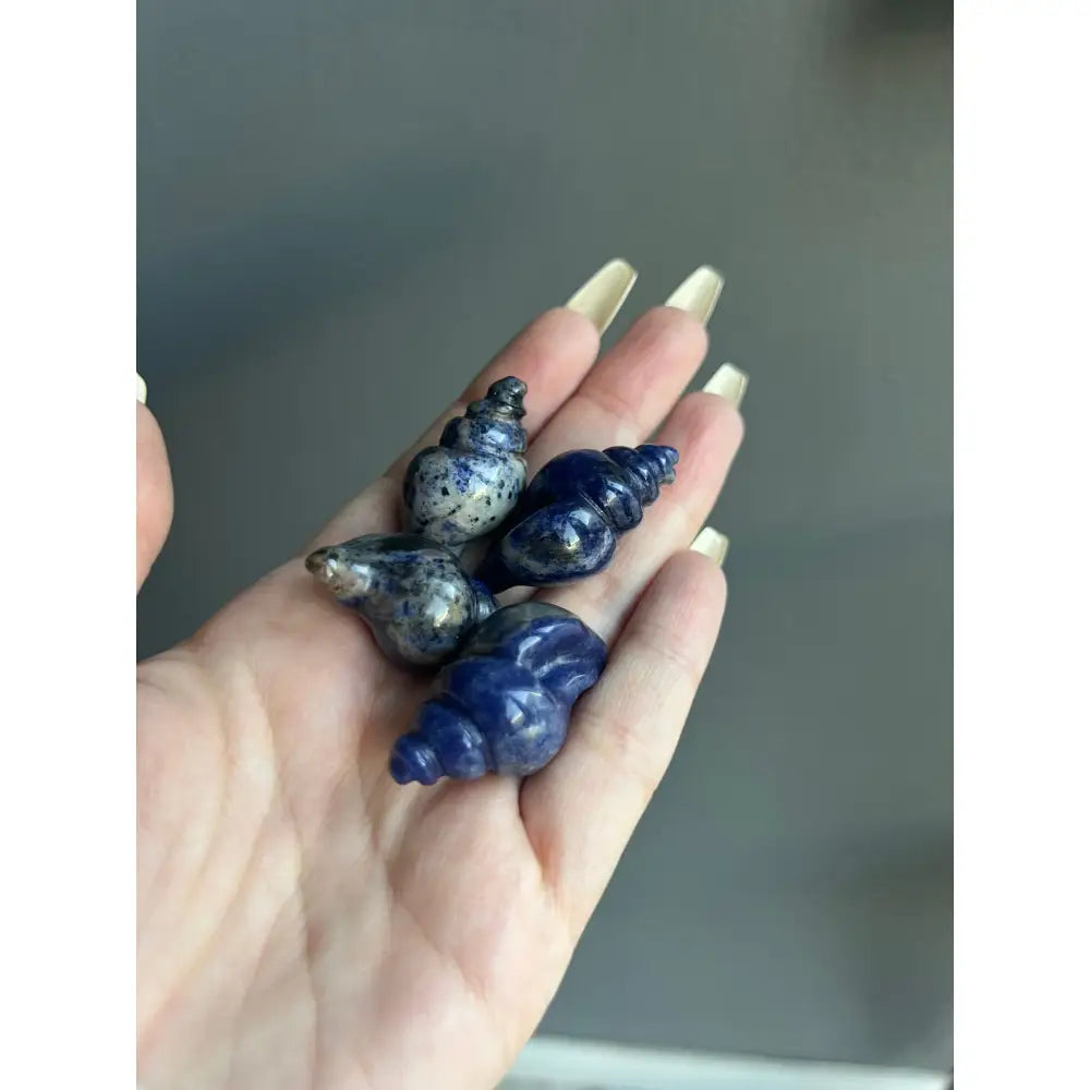 Blue and black seashell figurines in hand, 1 inch calming crystal carving