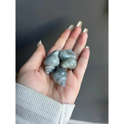 Hand holding gray seashell collection, 1 inch calming crystal carving for tranquility