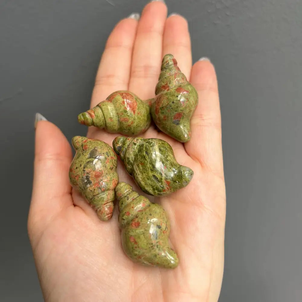 Set of 5 green and brown speckled seashell figurines, 1 inch calming crystal carvings for tranquility