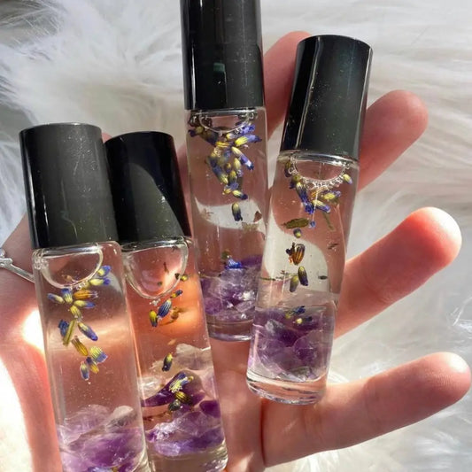Amethyst Crystal 10ml rollerball perfume set with lavender and yellow flower essences