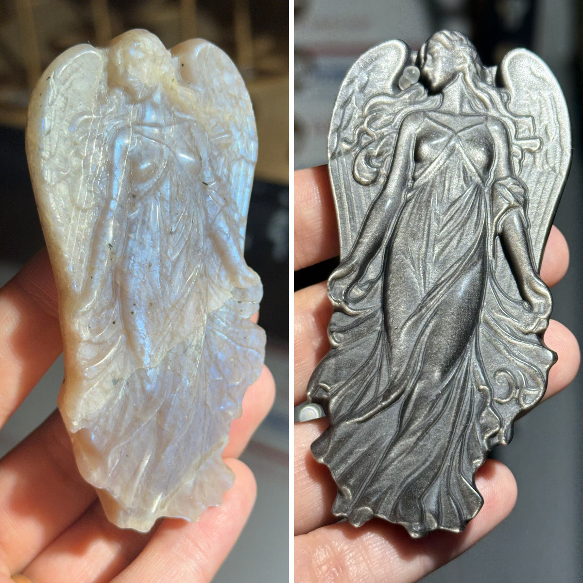 Moonstone angel carving and silver sheen obsidian angel carving side by side, held in hand