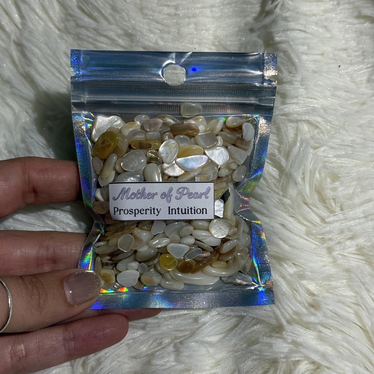 Mother of Pearl chips in a holographic bag for crafts and decor