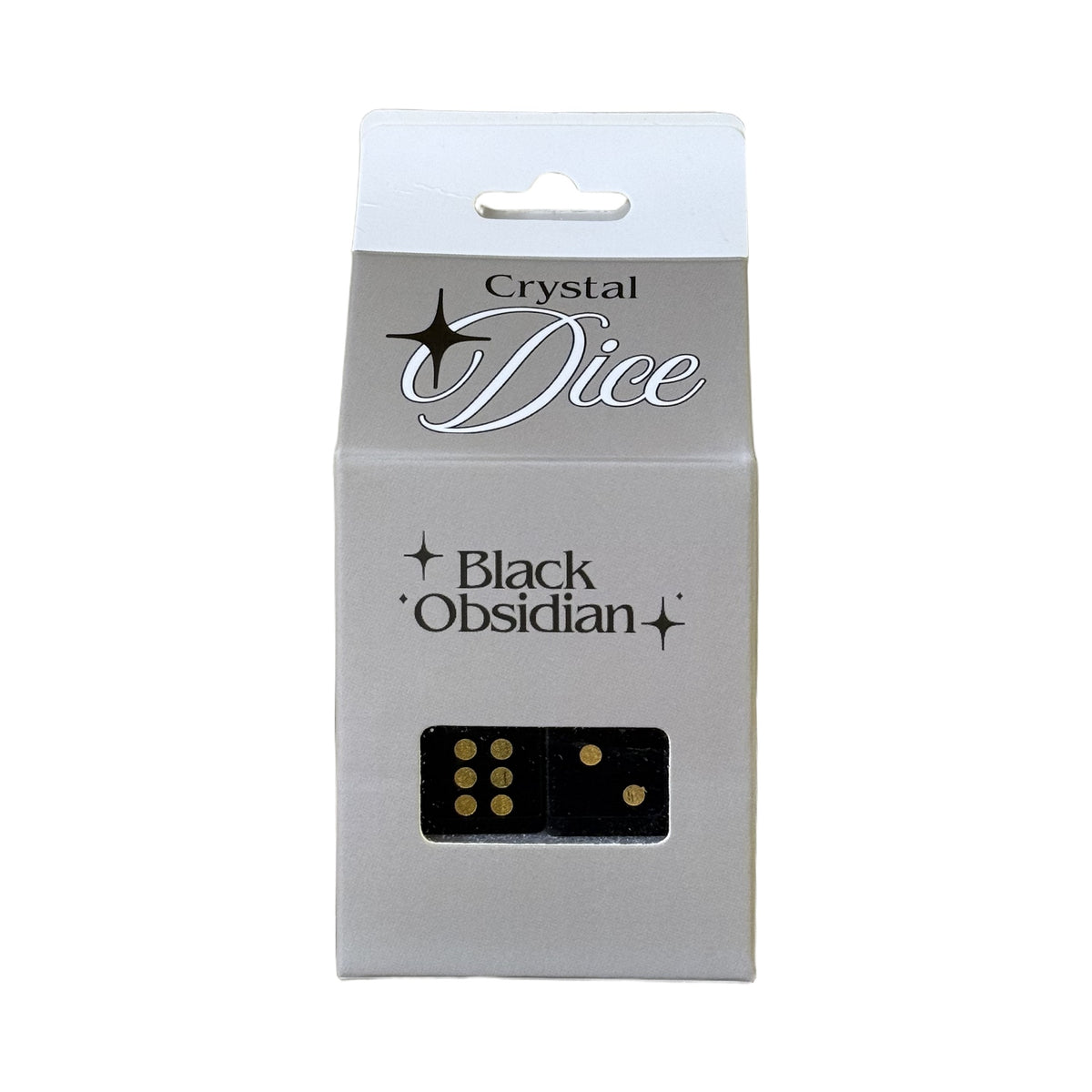 Black Obsidian Crystal Dice box with two black obsidian dice showing through the window