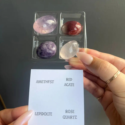 Zodiac Sign Tumbled Crystal Set with rose quartz, amethyst, red agate, lepidolite in acrylic tray