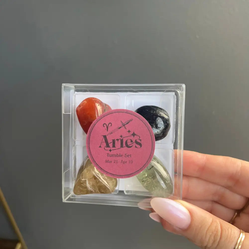 Aries Zodiac tumbled crystal set in clear acrylic box with colorful stones