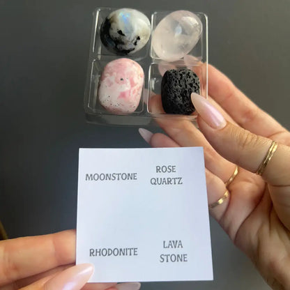 Zodiac Sign Tumbled Crystal Set with moonstone, rose quartz, rhodonite, lava stone in clear case