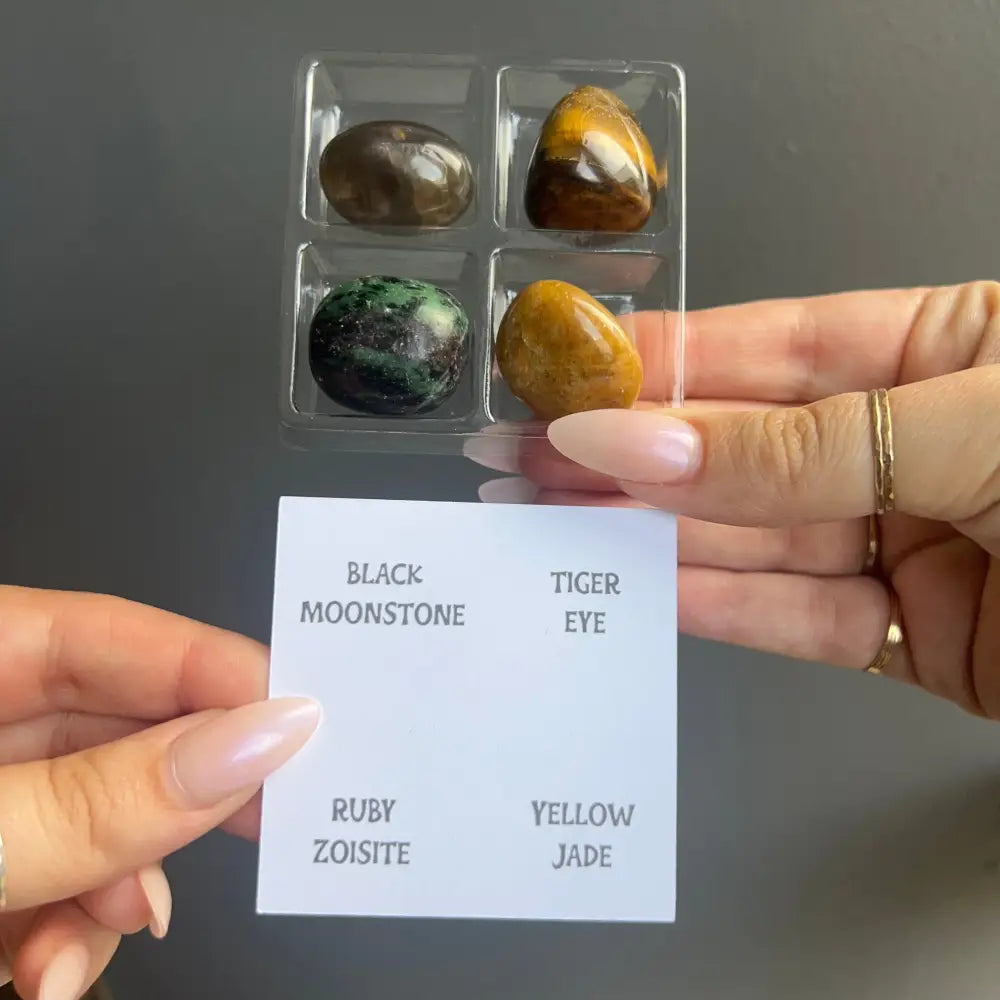 Zodiac Sign Tumbled Crystal Set: 4-stone gems in acrylic case with labels