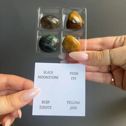 Zodiac Sign Tumbled Crystal Set: 4-stone gems in acrylic case with labels