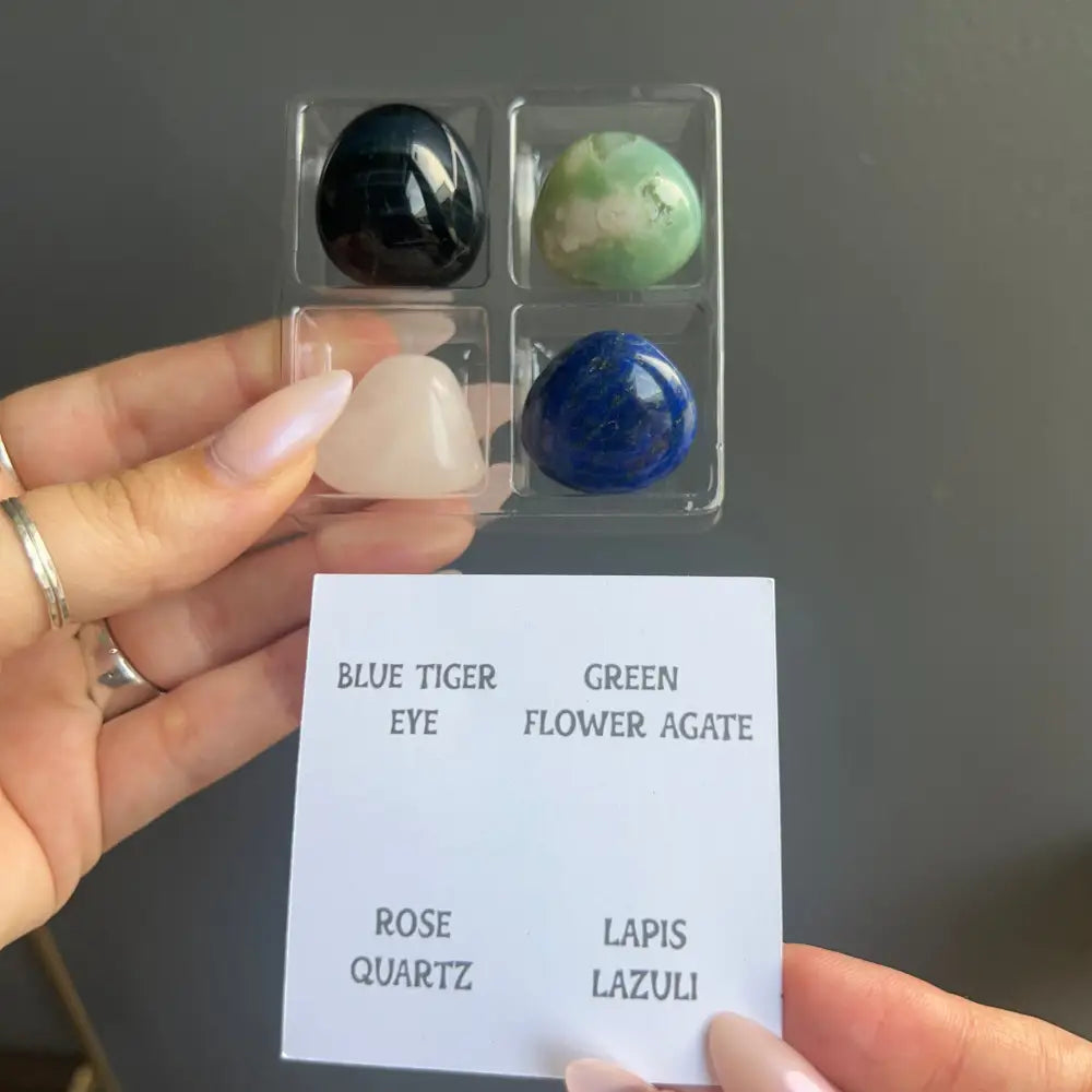 Zodiac Sign Tumbled Crystal Set with blue tiger eye, green flower agate, rose quartz, and lapis lazuli