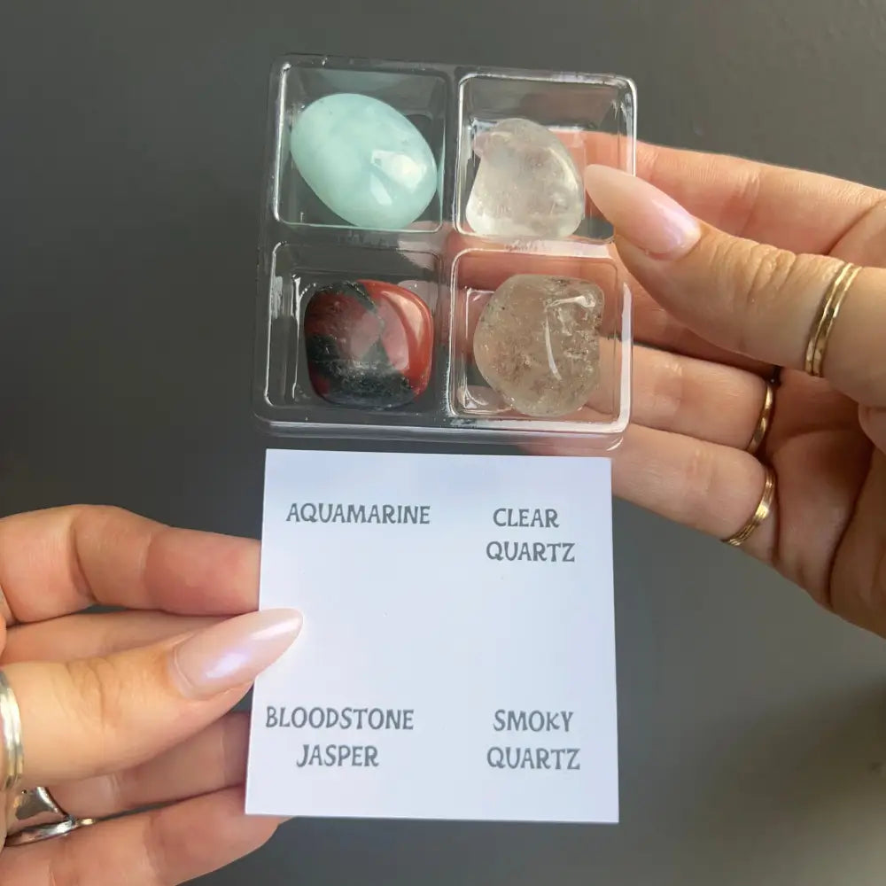 Aquamarine and clear quartz tumbled crystals in Zodiac set, labeled plastic case