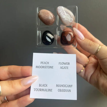 Zodiac Sign Tumbled Crystal Set with peach moonstone, black tourmaline, mahogany obsidian, flower agate in clear case