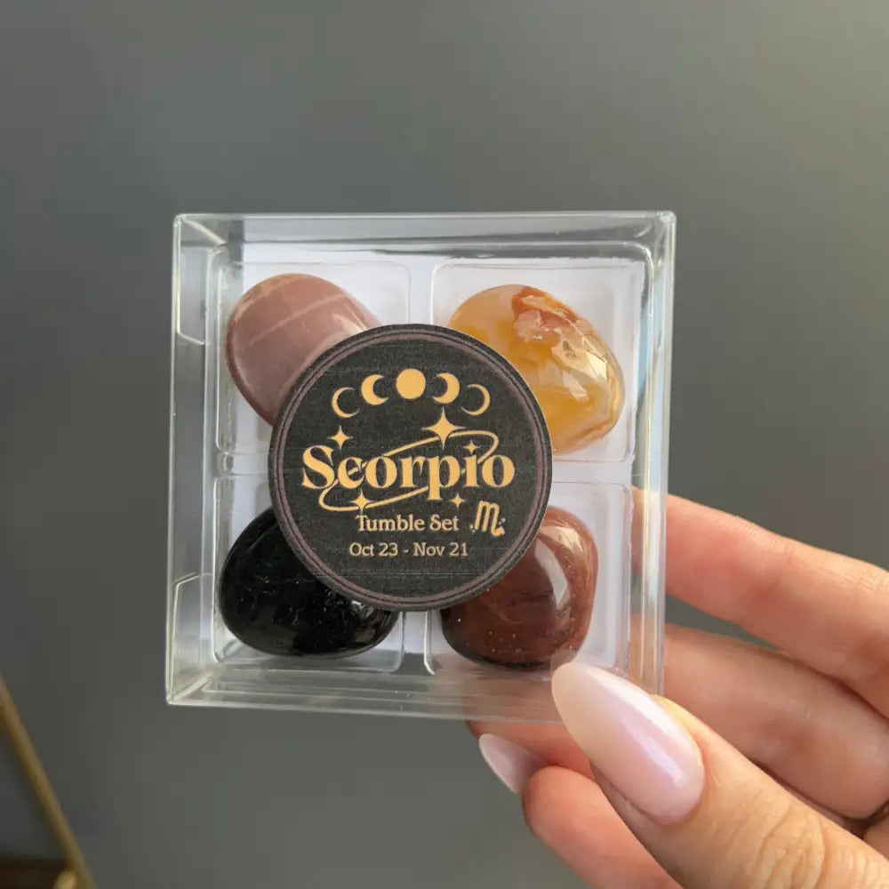 Scorpio tumble set gemstone box with assorted stones in brown, black, gold hues