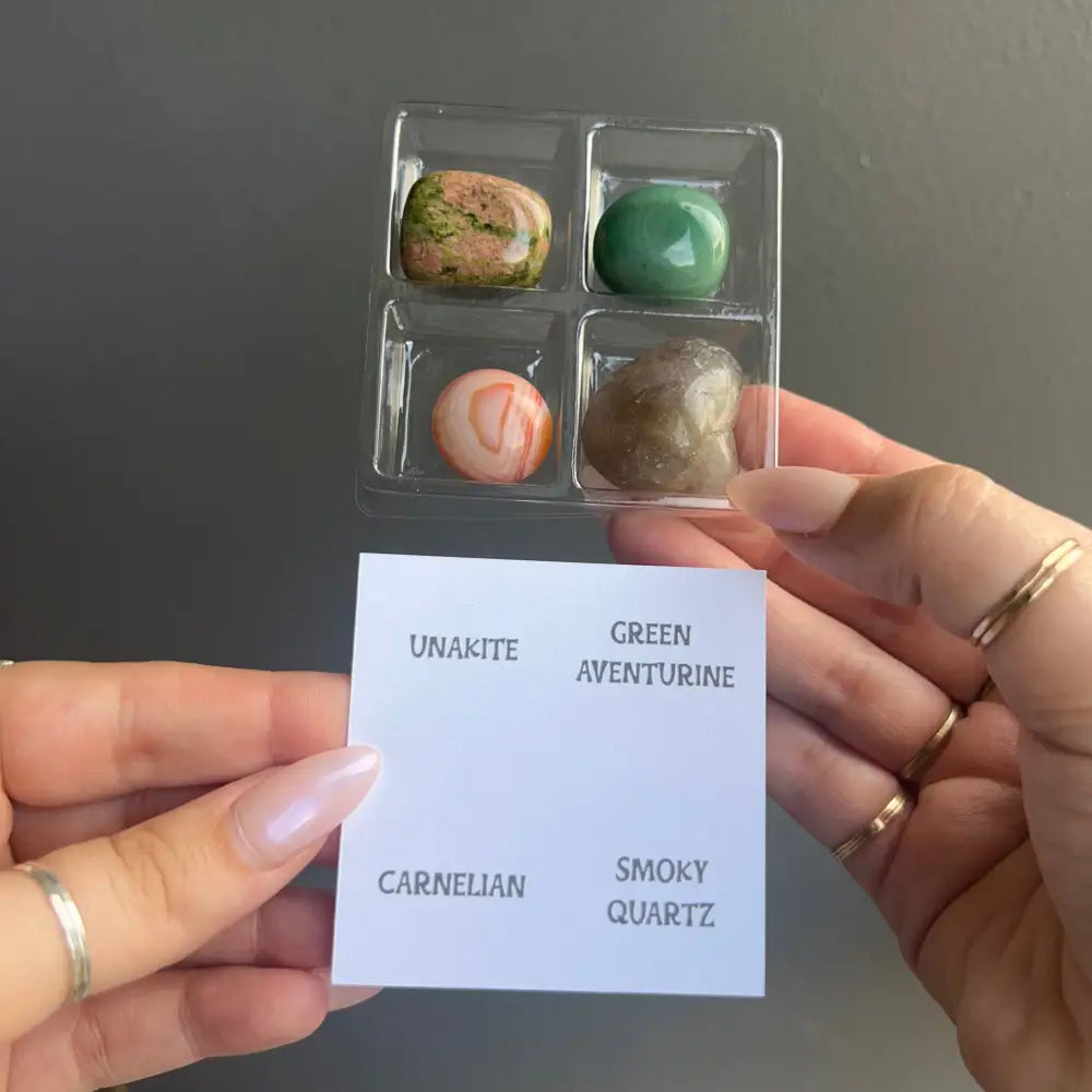 Zodiac sign tumbled crystal set with unakite, green aventurine, carnelian, smoky quartz
