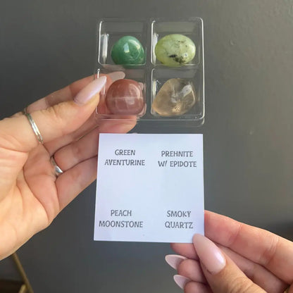 Zodiac tumbled crystal set with green aventurine, peach moonstone, smoky quartz in clear packaging