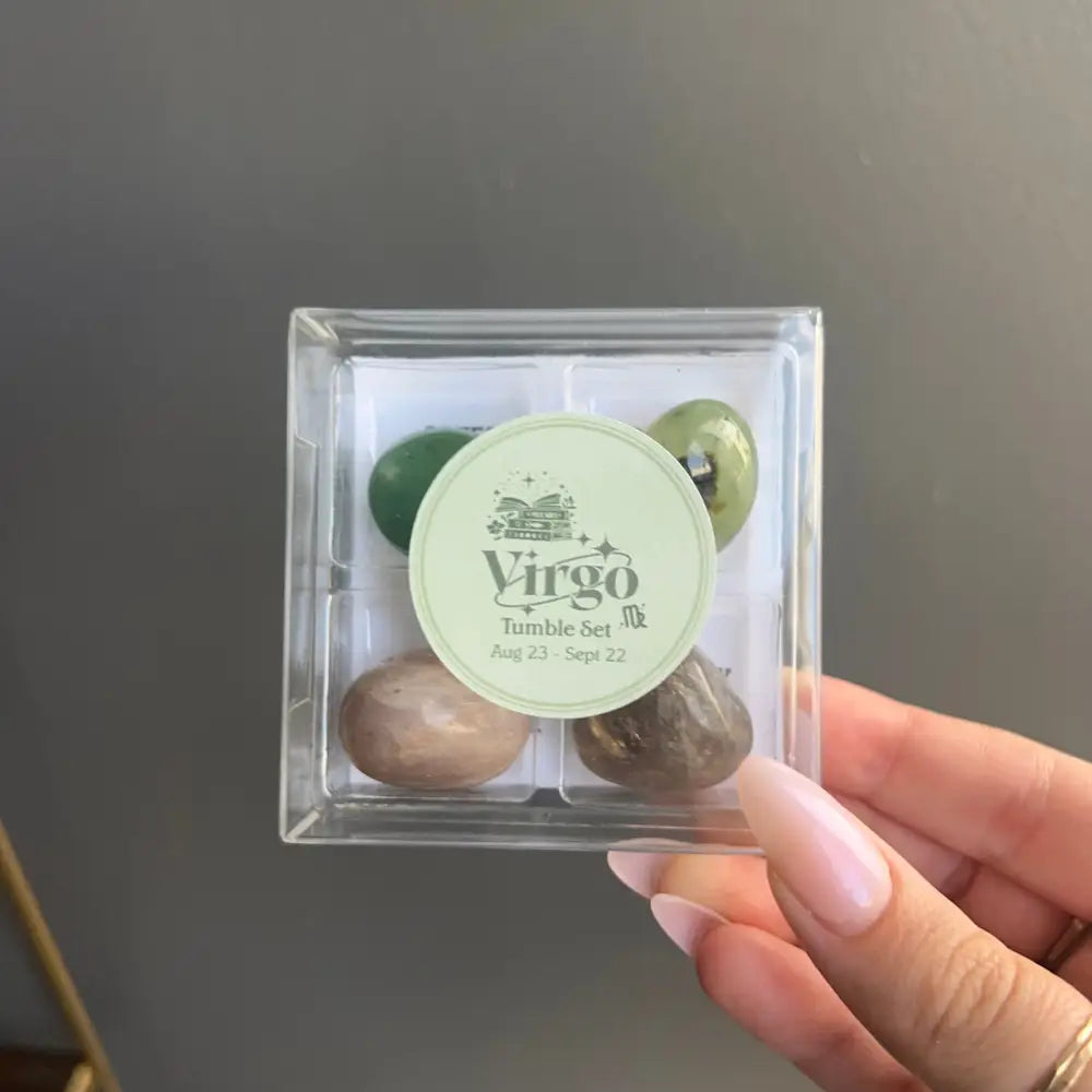 Virgo tumbled crystal set with green and brown gemstones in Zodiac box
