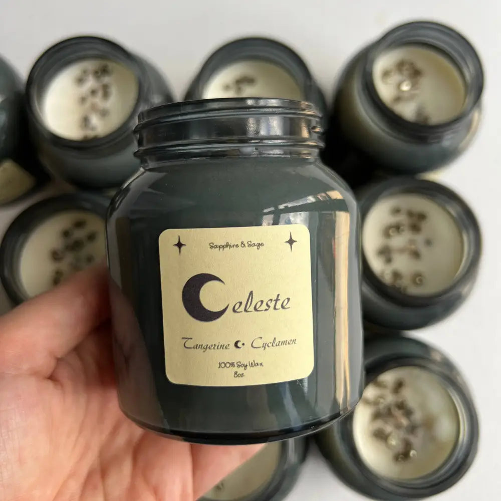 Celeste Crystal Jar Candle 8oz soy wax with moon and star design