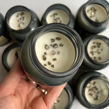 Black Celeste Crystal Jar Candle 8oz with white wax and metallic speckles