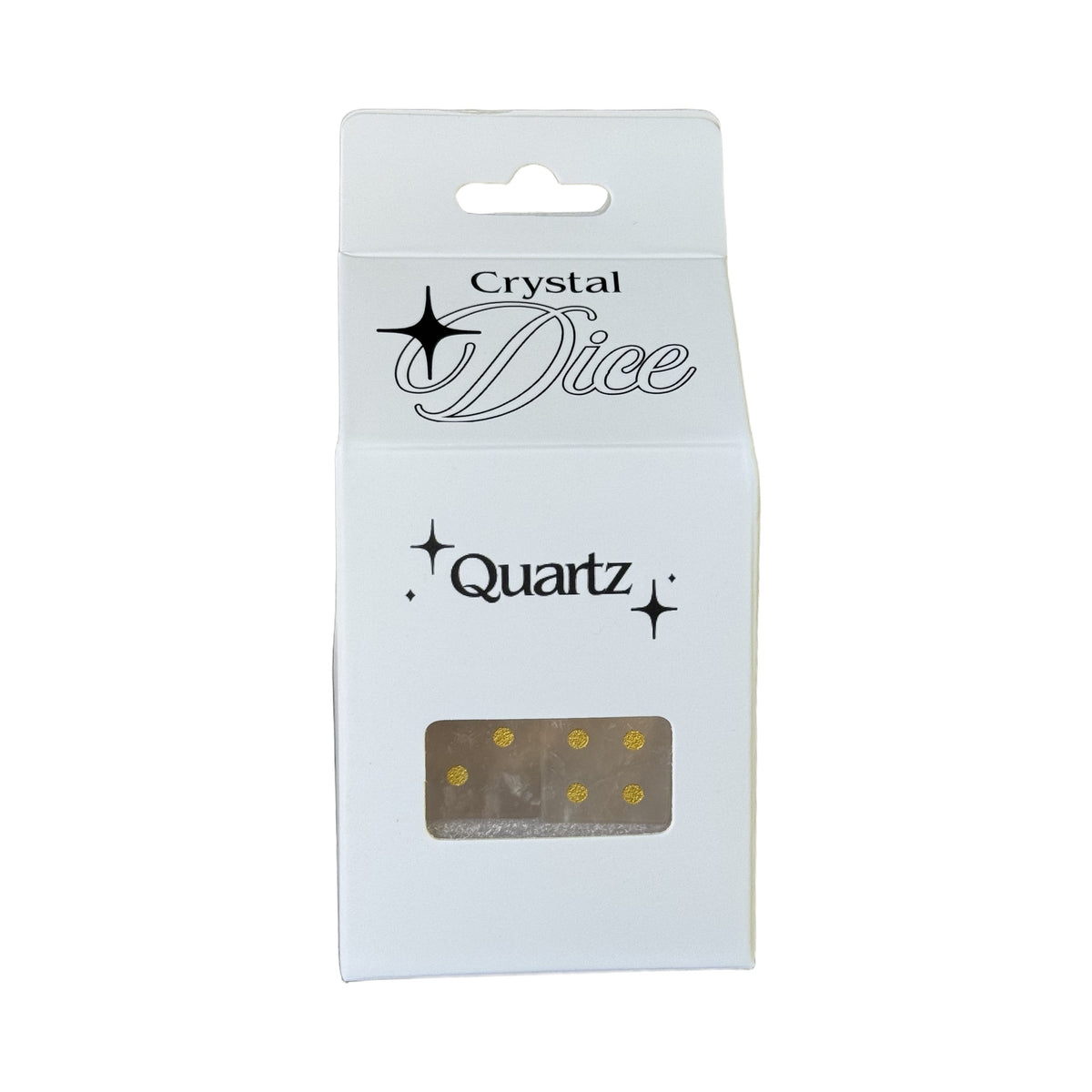 Quartz Crystal Dice box with two clear quartz dice showing through the window
