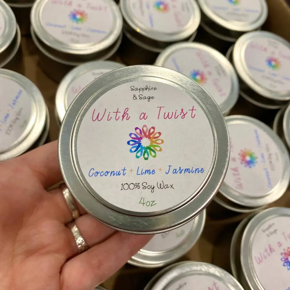 4oz coconut lime jasmine soy wax candle tin with silver lid for small spaces