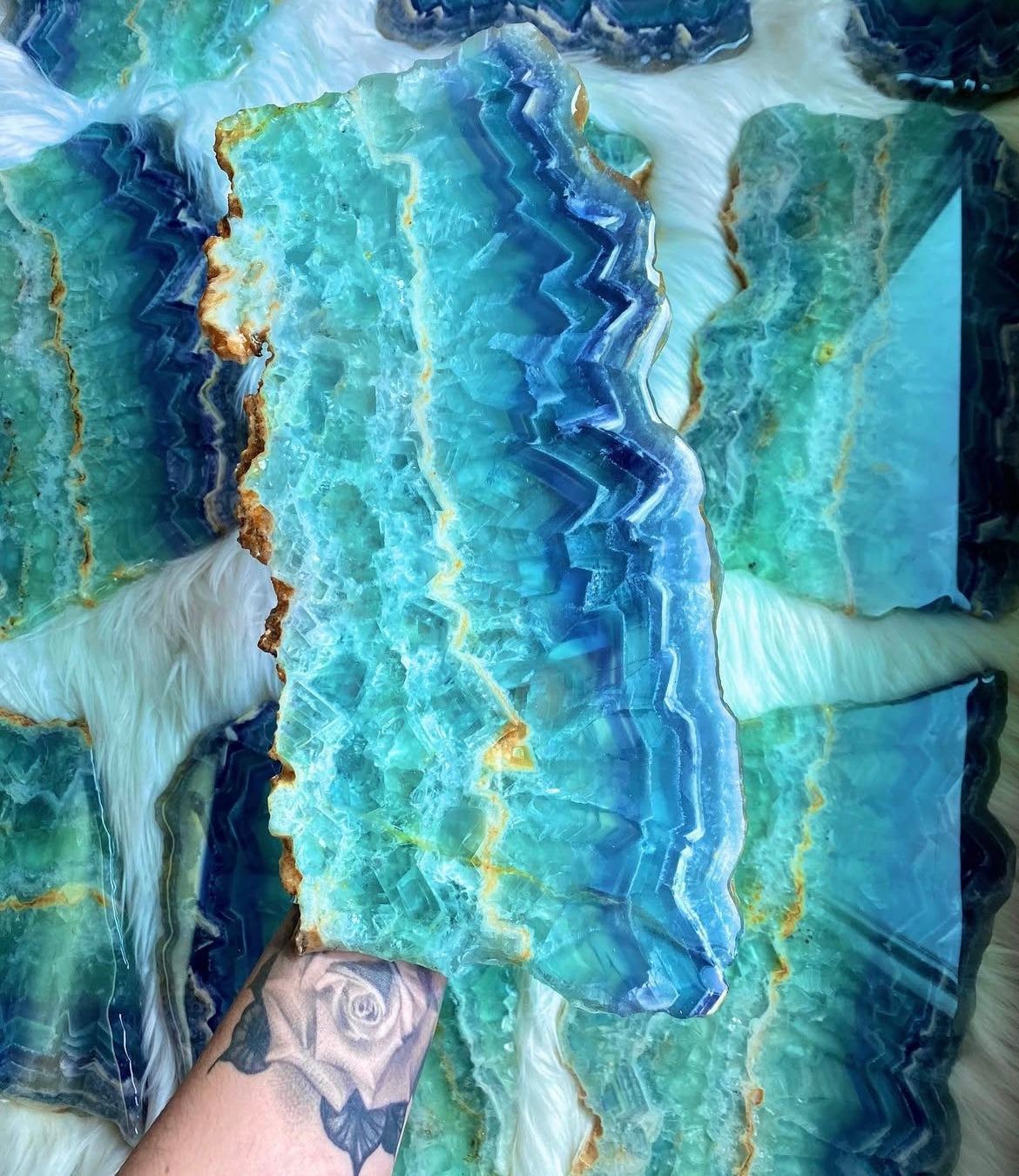 Blue and green banded crystal slabs