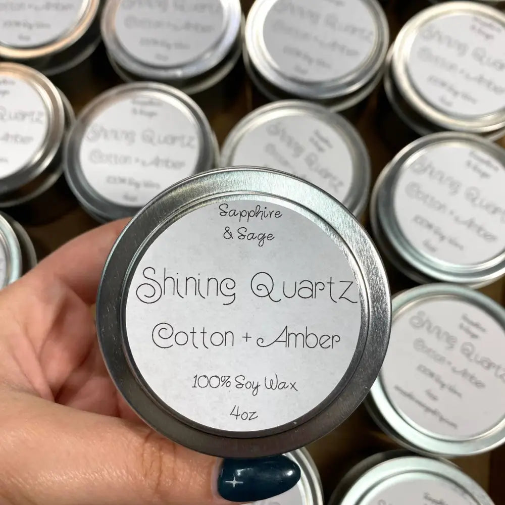 4oz crystal chip tin candle with cotton amber calming scent silver lid