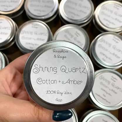 4oz crystal chip tin candle with cotton amber calming scent silver lid