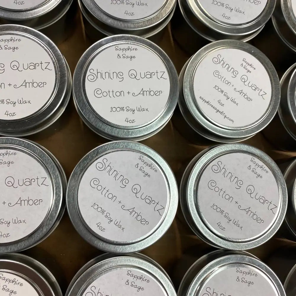 4oz shining quartz cotton and amber soy wax candle in silver tin