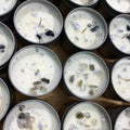 4oz crystal chip tin candle in white with black silver accents and calming scent