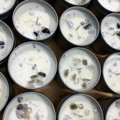 4oz crystal chip tin candle in white with black silver accents and calming scent