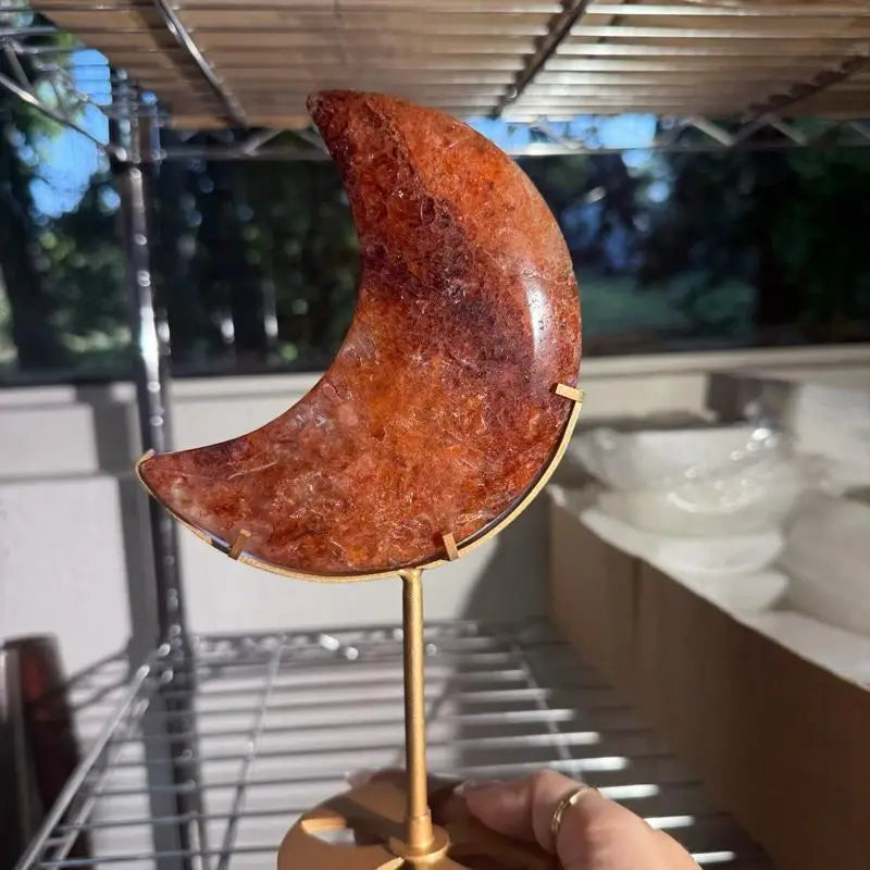 Red moon agate slice on gold stand, Fire Quartz Crescent Moon figurine
