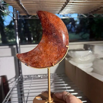 Red moon agate slice on gold stand, Fire Quartz Crescent Moon figurine