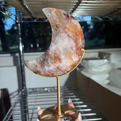 Moon-shaped agate slice on gold stand, Fire Quartz Crescent Moon figurine