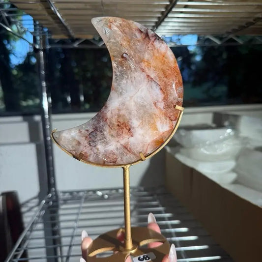 Moon-shaped agate slice on gold stand, Fire Quartz Crescent Moon figurine