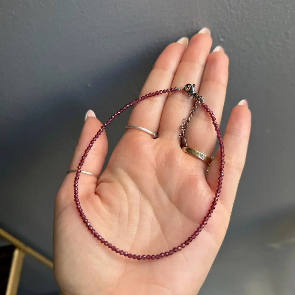 Burgundy beaded 3mm crystal anklet with silver accents and adjustable clasp