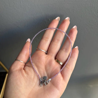Lavender beaded anklet with silver charm for women