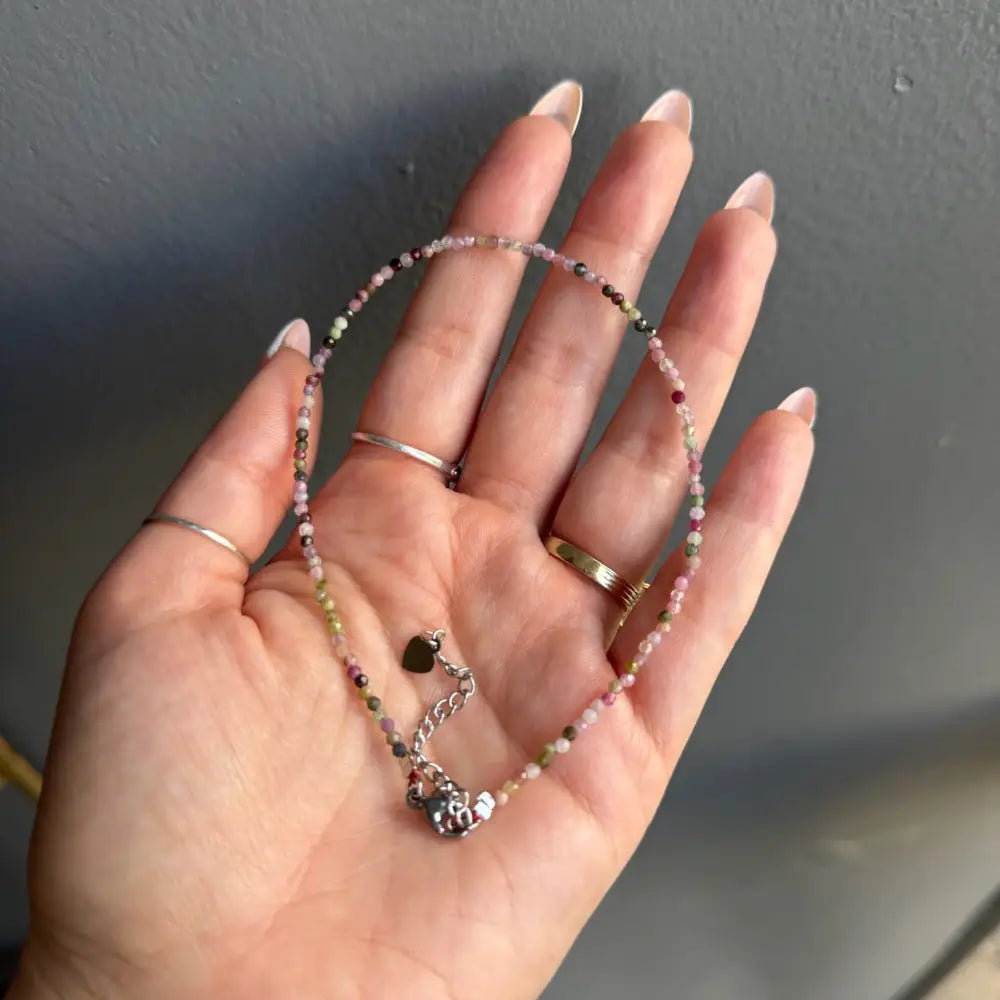 Multi-colored 3mm crystal bead anklet with heart charm and silver accents