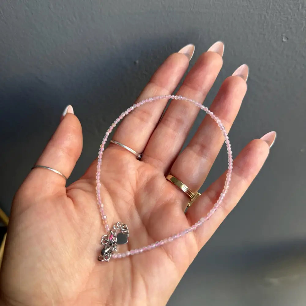 Pink beaded bracelet with silver charm, 3mm crystal anklet for women