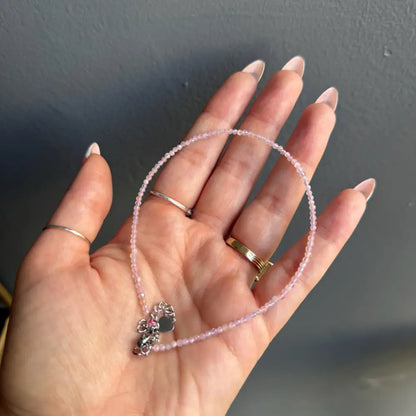 Pink beaded bracelet with silver charm, 3mm crystal anklet for women