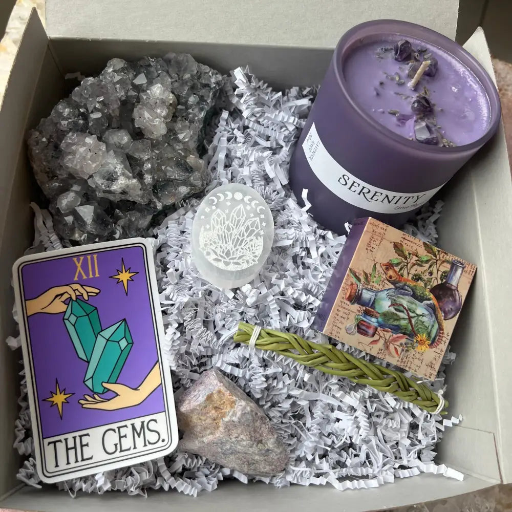 Lavender serenity candle in Crystal Intuition Box with rocks and fossils