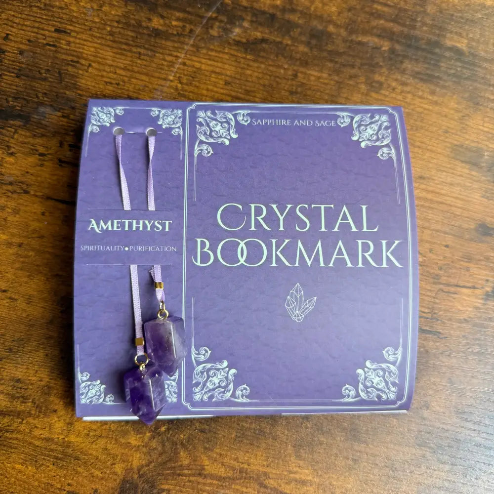Amethyst crystal ribbon bookmark, 16 inch purple gem with string in box
