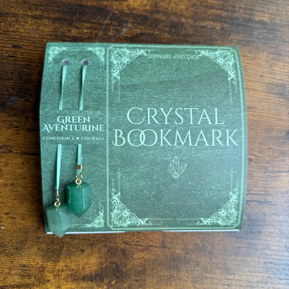 Green aventurine crystal ribbon bookmark, 16 inch, with gold accents in elegant box
