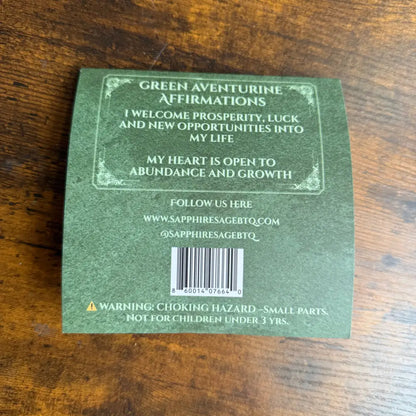 Green aventurine affirmation cards on 16-inch Crystal Ribbon Bookmark with back barcode
