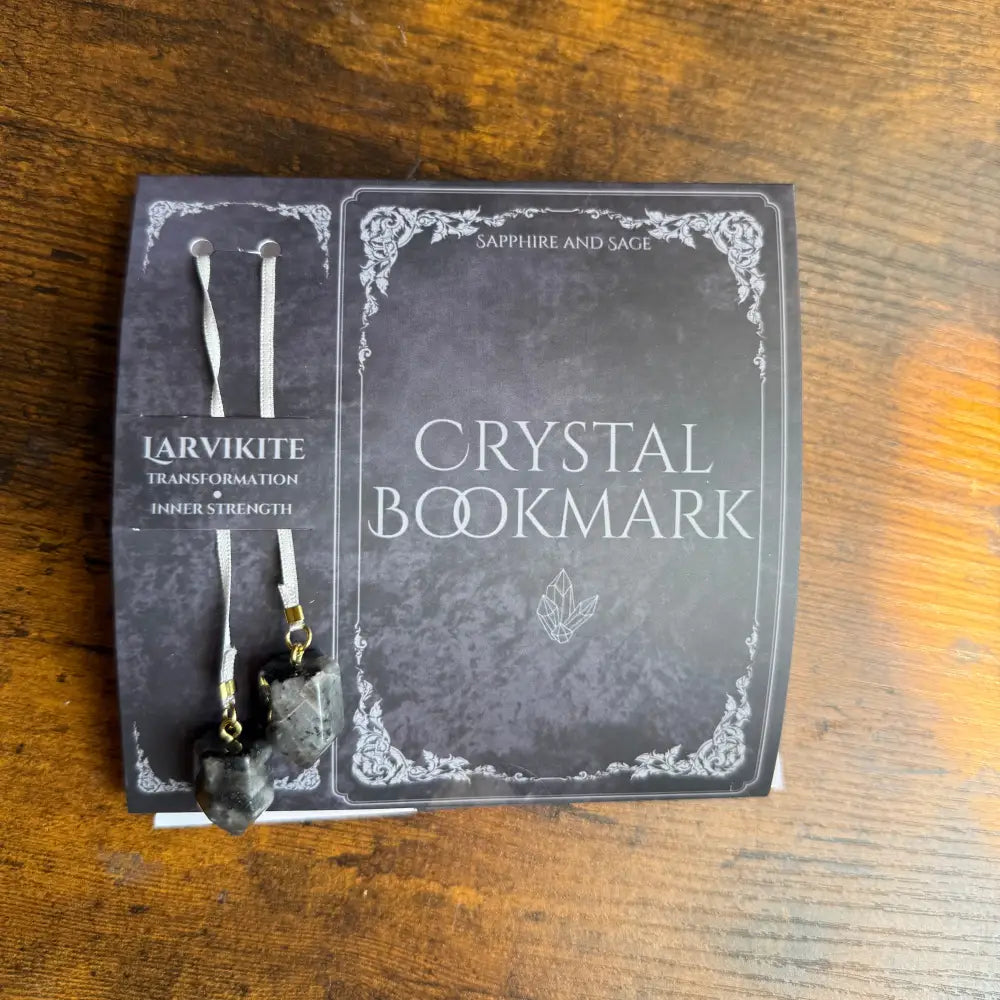 Larvikite crystal ribbon bookmark with silver accents and black beads