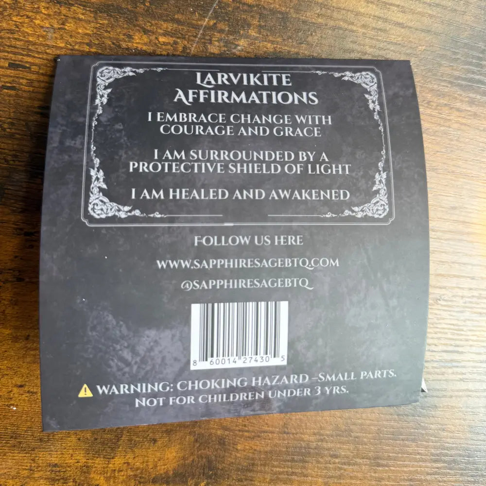Larvikite affirmation cards on black background with white text on change, protection, healing, and awakening, for Crystal Ribbon Bookmark 16 Inch