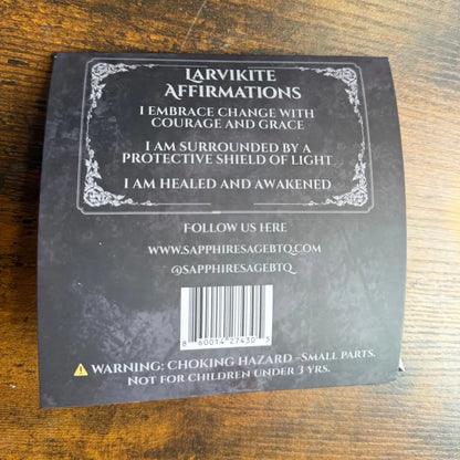 Larvikite affirmation cards on black background with white text on change, protection, healing, and awakening, for Crystal Ribbon Bookmark 16 Inch