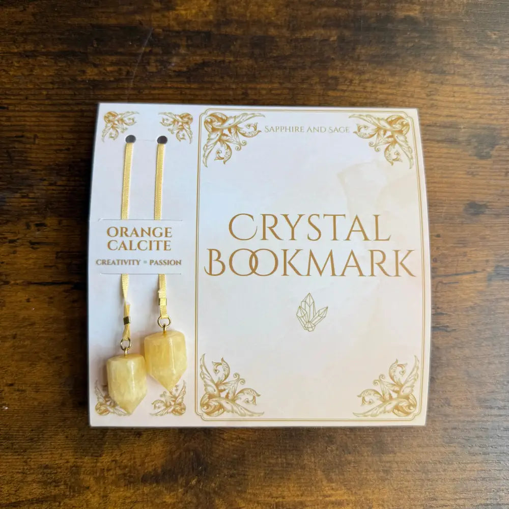Orange calcite crystal ribbon bookmark, 16 inch, gold accents, floral box design