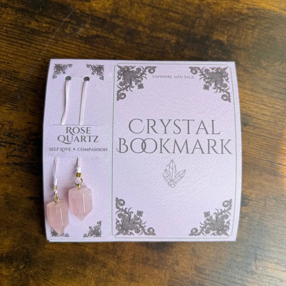 Rose quartz crystal ribbon bookmark with gold floral accents, 16 inch