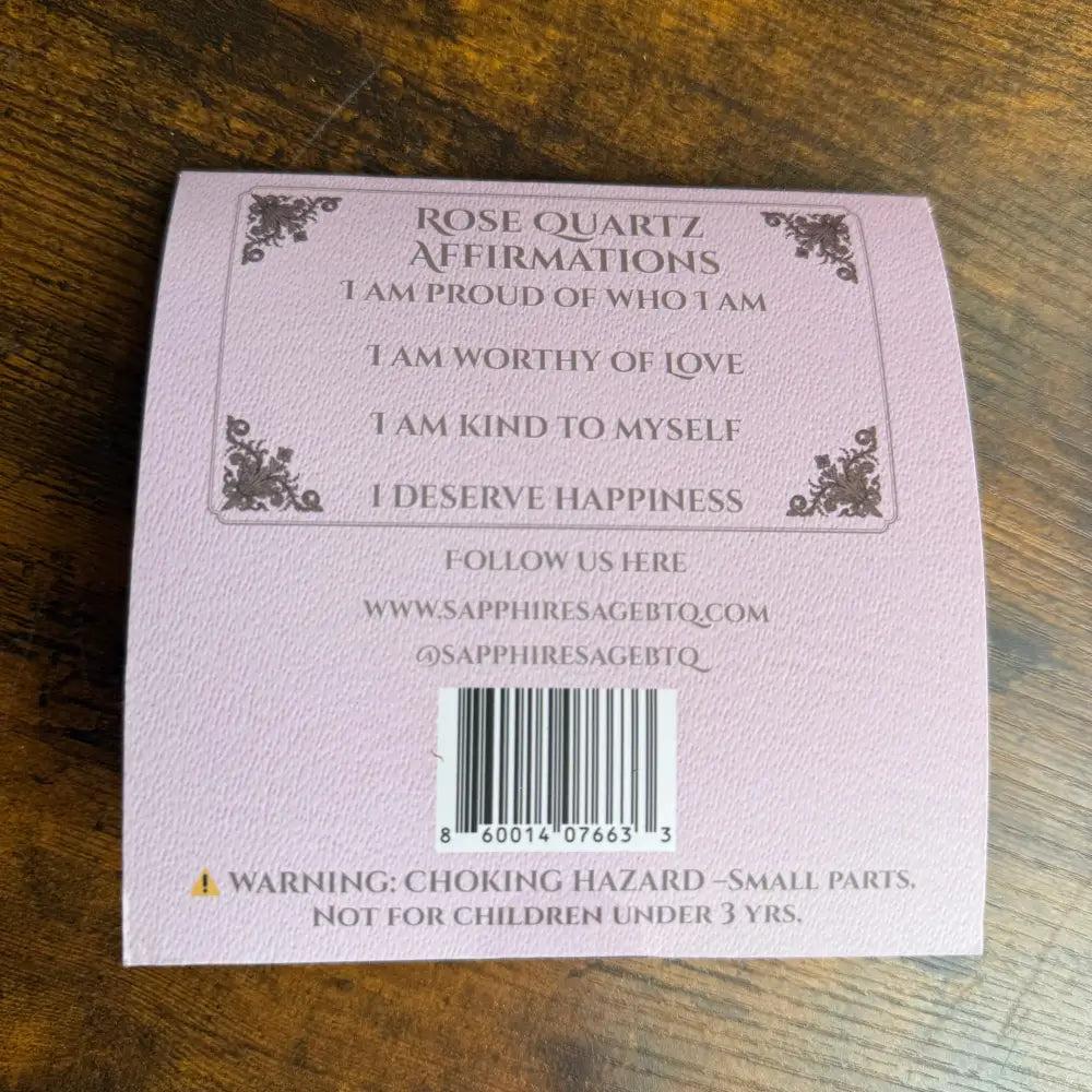 Rose quartz affirmation cards with pink white design and small parts warning in Crystal Ribbon Bookmark 16 Inch